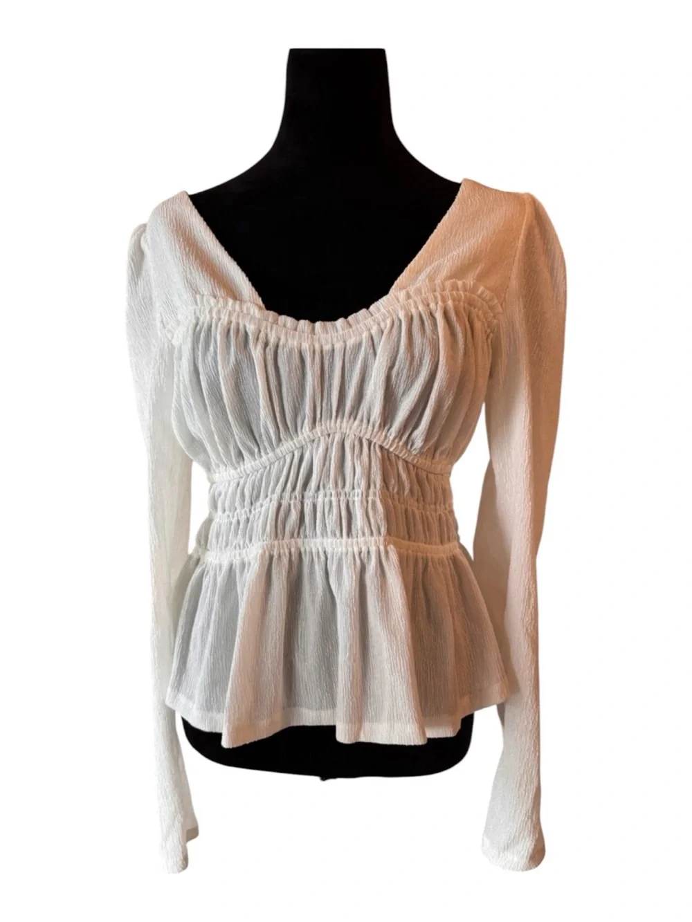 Anthropologie White Smocked Peplum Long-Sleeve Top